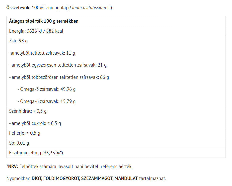 Linfröolja baksida näringsfakta och ingredienser