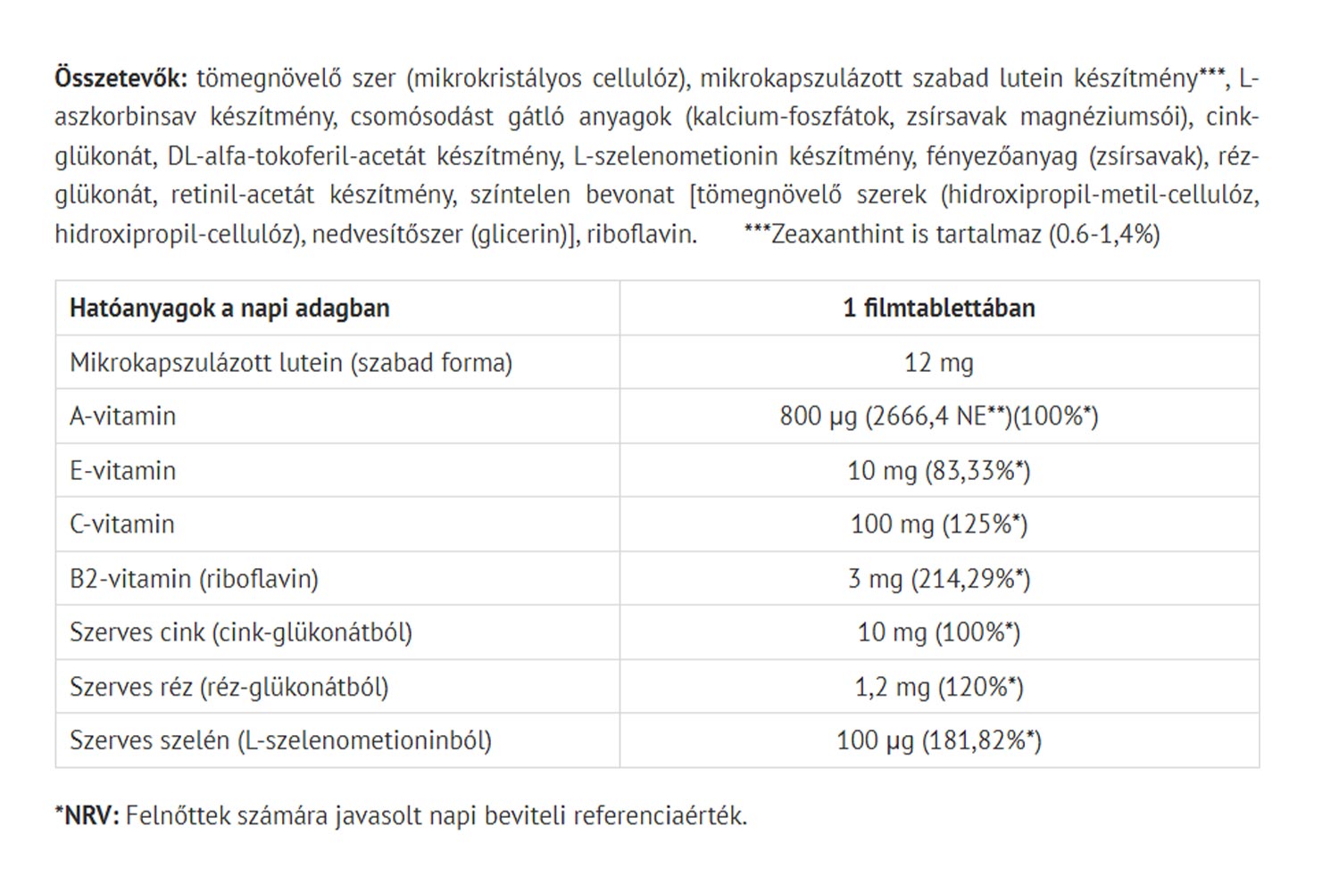 Lutein Pro – Ögonhälsa baksida näringsfakta