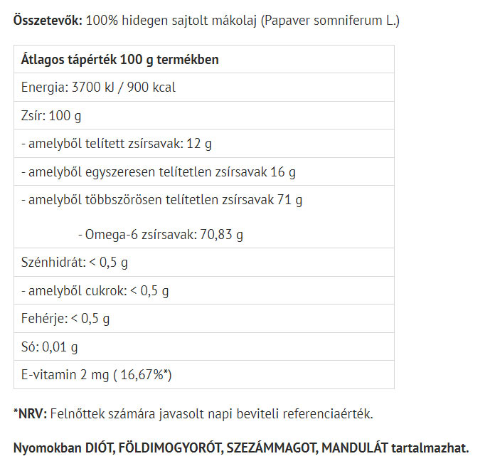 Vallmofröolja baksida med näringsinformation
