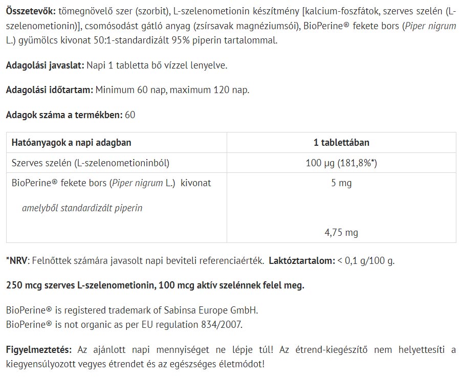 Selenium Extra – 60 tabletter baksida med näringsinformation