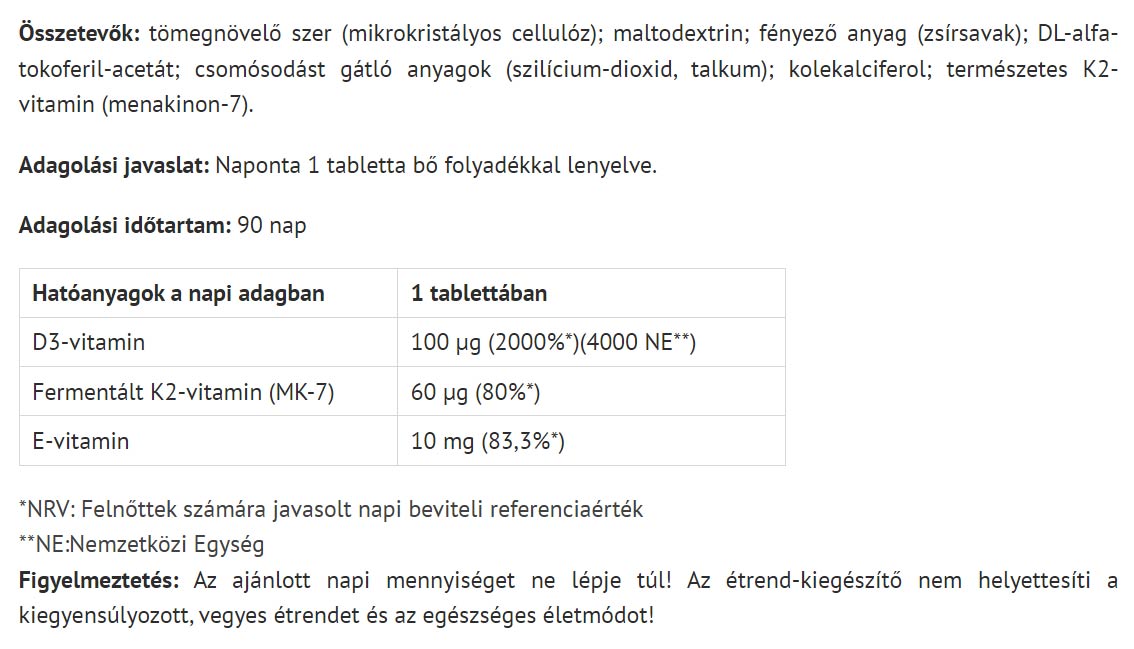 Organisk D3 + K2 Vitamin – näringsfakta baksida
