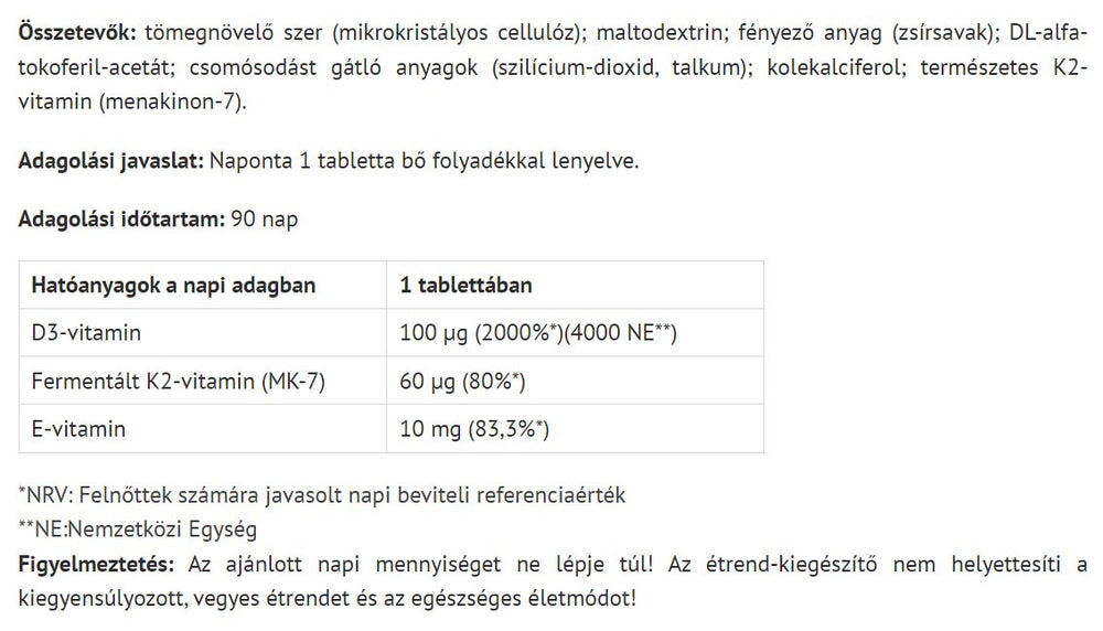 Organisk D3 + K2 Vitamin – näringsfakta baksida