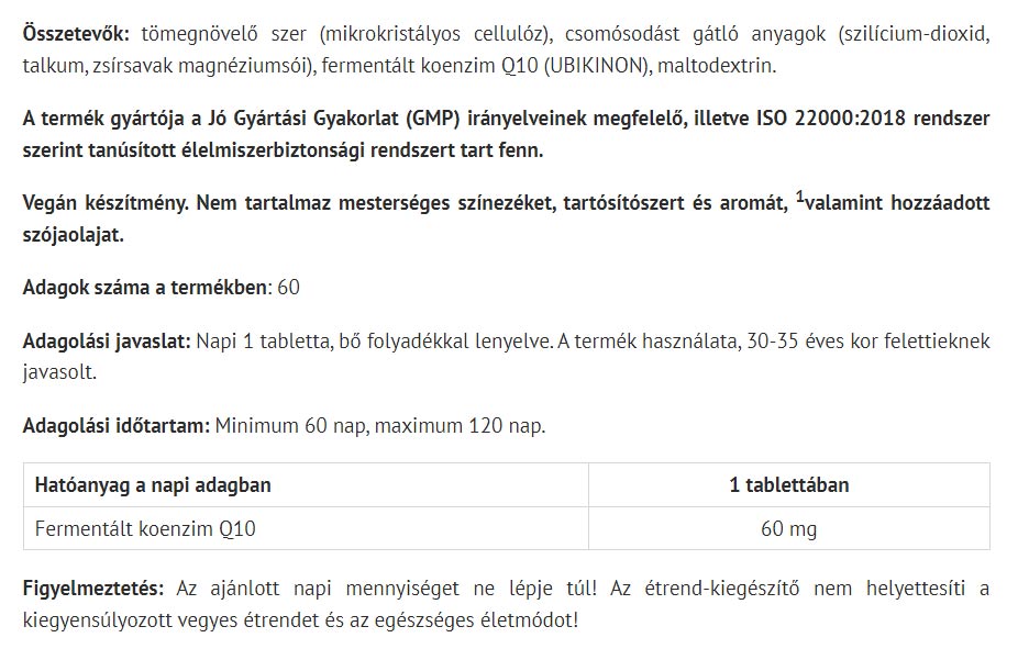 Organic Coenzyme Q10 baksida näringsfakta