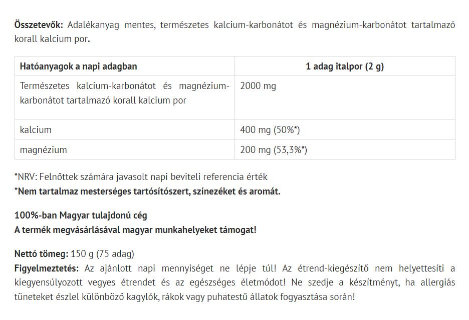 Organic Korallpulver baksida med näringsfakta