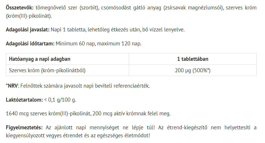 Organic Chromium – 60 tabletter baksida med näringsinformation