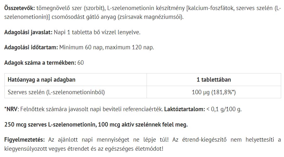 Organisk Selen baksida näringsfakta