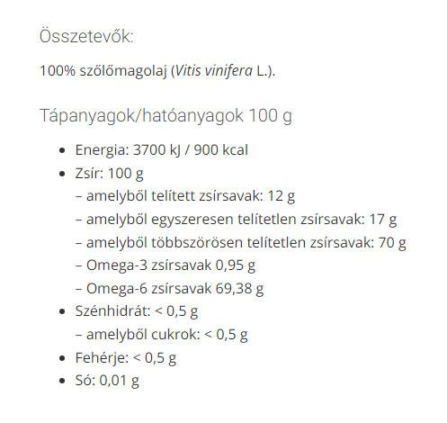 Druvfröolja baksida med näringsinformation