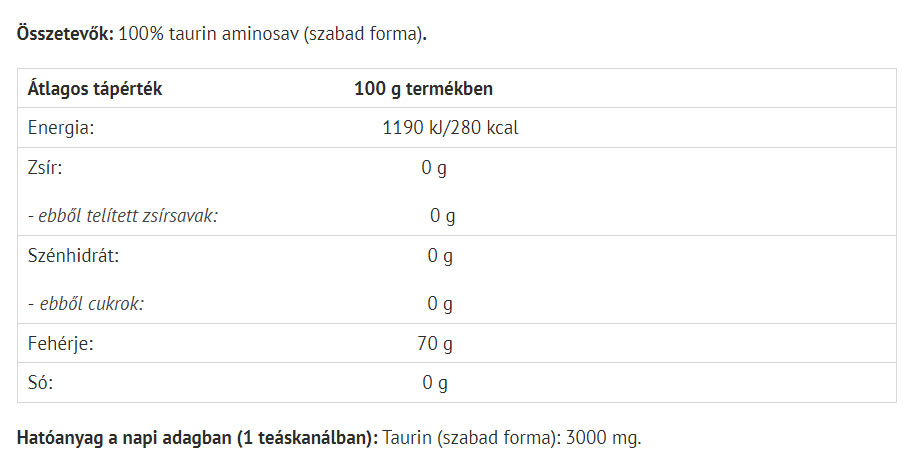 Natur Tanya Taurine Powder ingredienser etikett