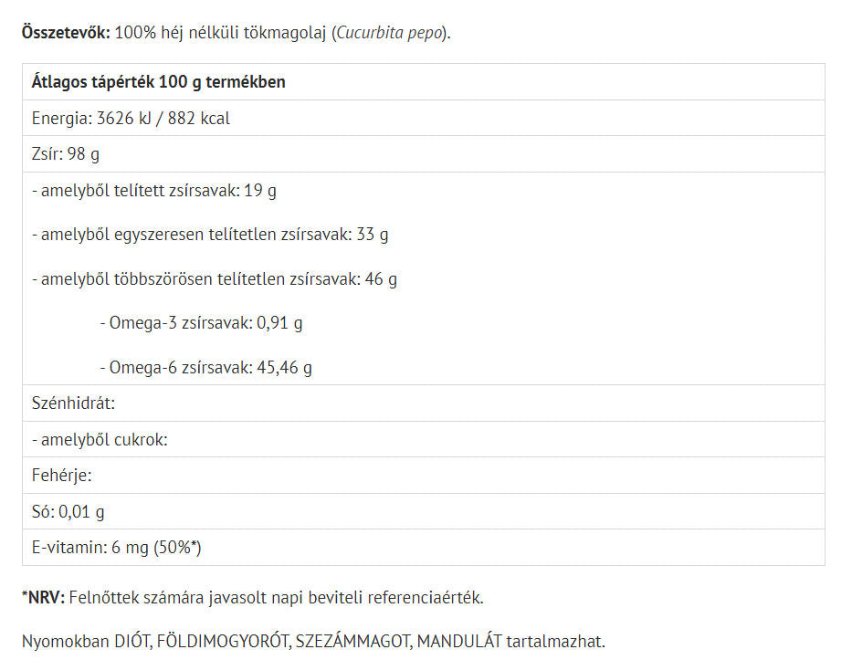 Pumpakärnölja – Ungersk näringsfakta & baksida