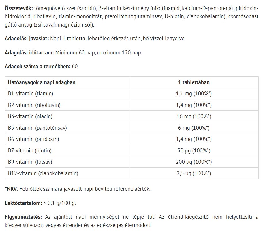 Natur Tanya Vegan Vitamin B Complex baksida näringsfakta