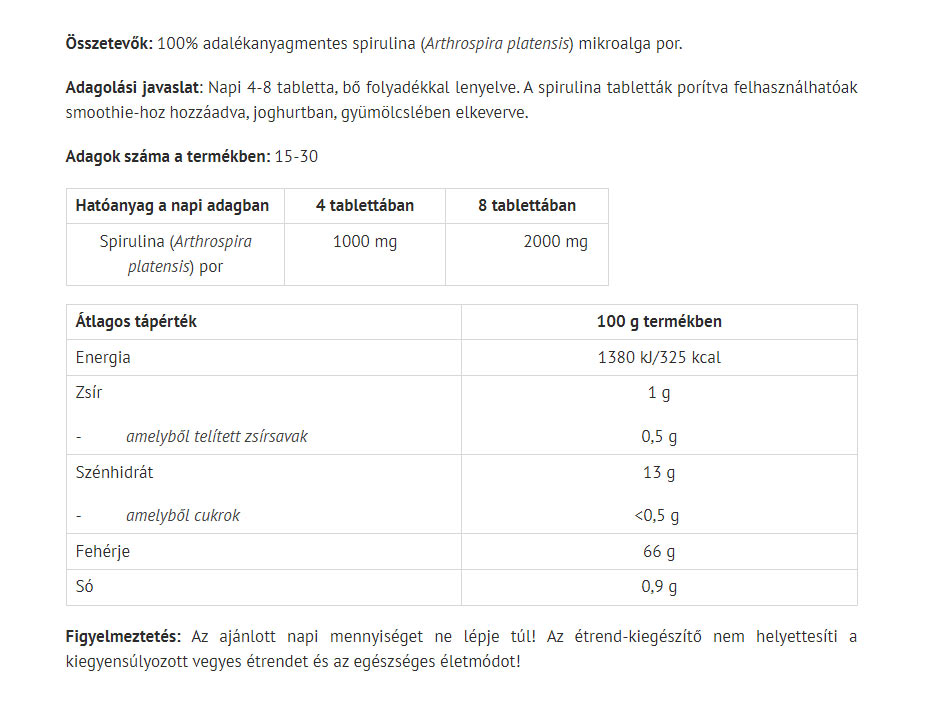Vegan 100% Spirulina baksida näringsfakta