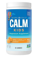 Natural Vitality Calm Kids Gummies bottle, a magnesium supplement for balanced mood, sweet citrus flavor, 60 gummies.