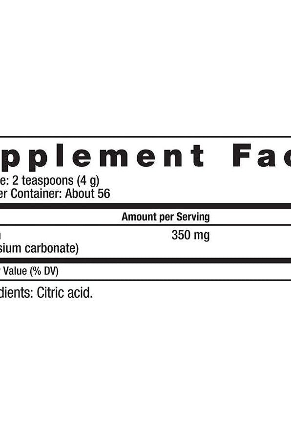 Supplement facts label for Natural Vitality CALM, detailing magnesium content and serving size.