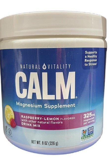 Natural Vitality Calm magnesium supplement in raspberry-lemon flavor, promoting stress relief and muscle relaxation.