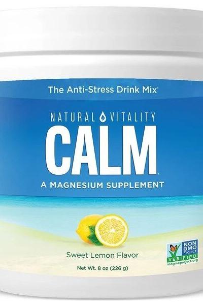 Natural Vitality Calm magnesium supplement in sweet lemon flavor for stress relief and muscle balance.