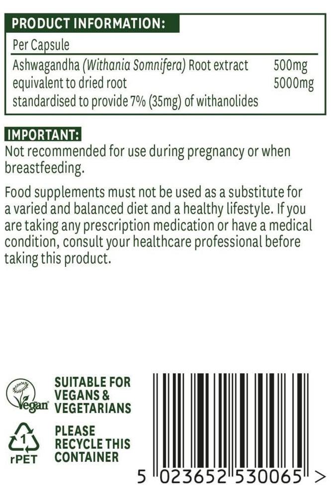Product information label for Natures Aid Ashwagandha capsules, detailing ingredients and usage warnings.