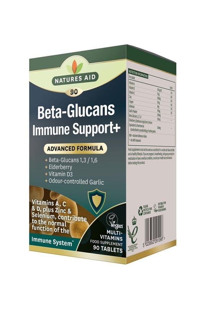 Natures Aid Beta-Glucans Immune Support+ dietary supplement box with vitamins and minerals for immune health.