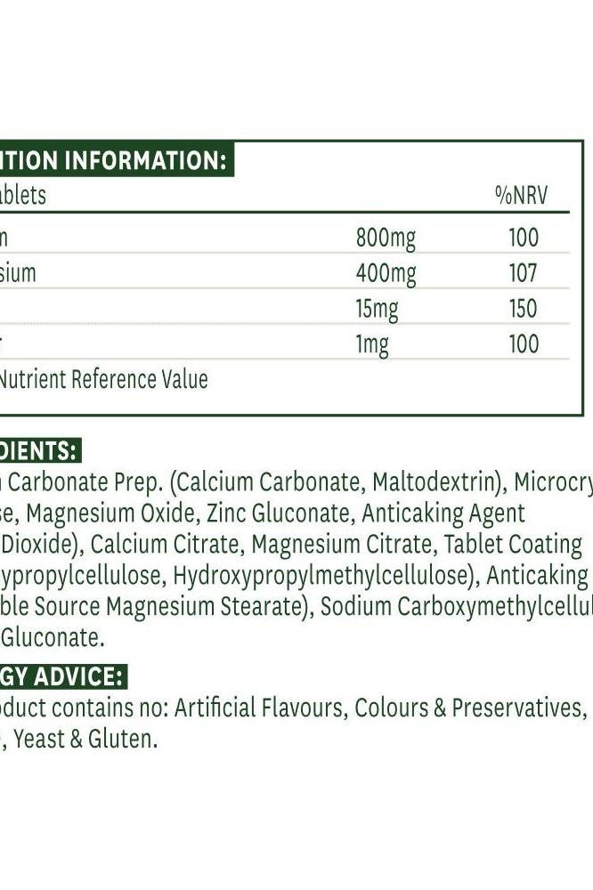 Nutrition information for Natures Aid Calcium, Magnesium + Vitamin D3 tablets, including ingredients and nutrient values.