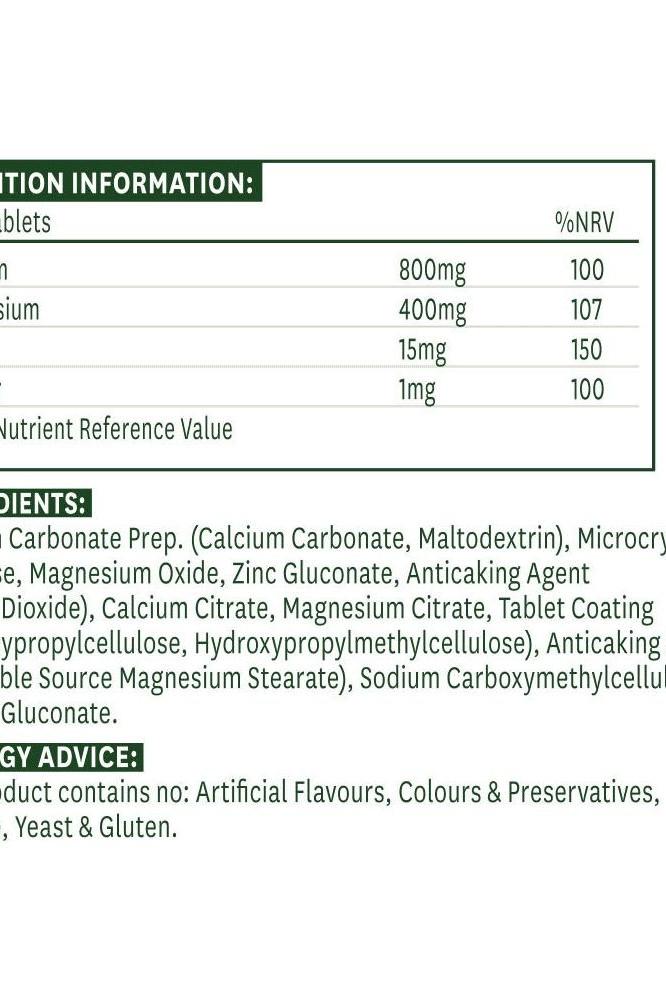 Nutrition information for Natures Aid Calcium, Magnesium + Zinc tablets, including ingredients and nutrient values.