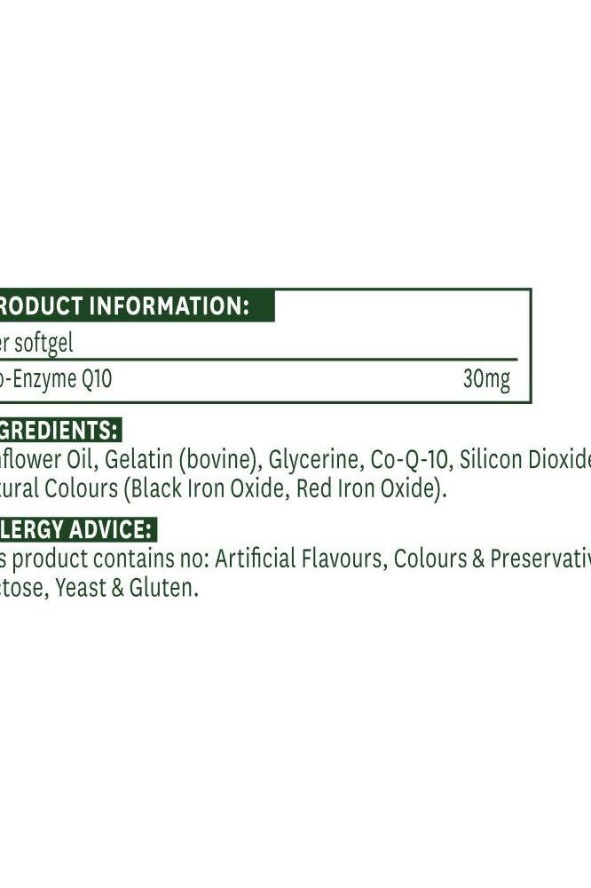 Product information for Natures Aid Co-Enzyme Q10 30mg softgels, including ingredients and allergy advice.