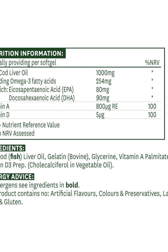Nutrition information for Natures Aid Cod Liver Oil 1000 mg softgels, detailing vitamins A, D, and omega-3 fatty acids.