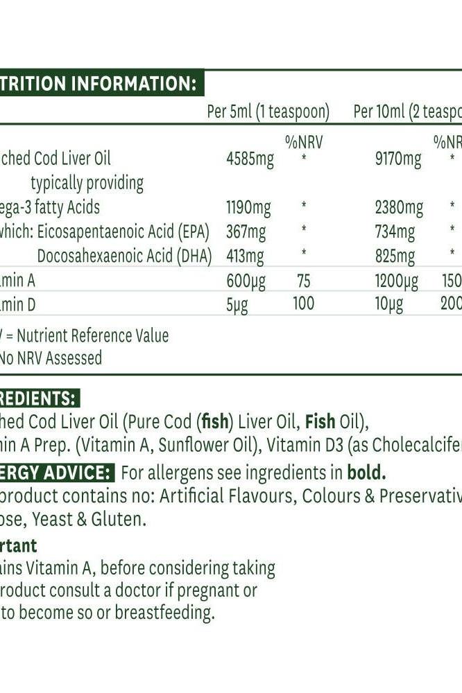 Nutrition information for Natures Aid Cod Liver Oil, detailing omega-3 content, vitamins A and D, and serving sizes.