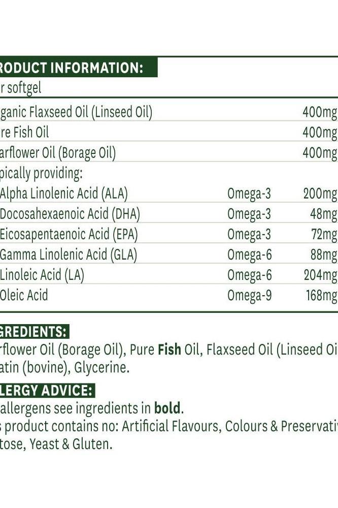 Product information for Natures Aid Complete EFA softgels, including Omega 3, 6, 9 content and ingredients list.
