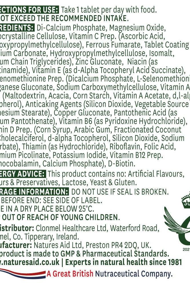 Natures Aid Complete Multi-Vitamins & Minerals product label including ingredients and usage instructions.