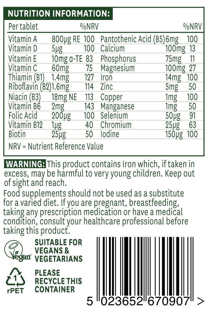Nutrition label for Natures Aid Complete Multi-Vitamins and Minerals, detailing vitamins, minerals, and dietary information.