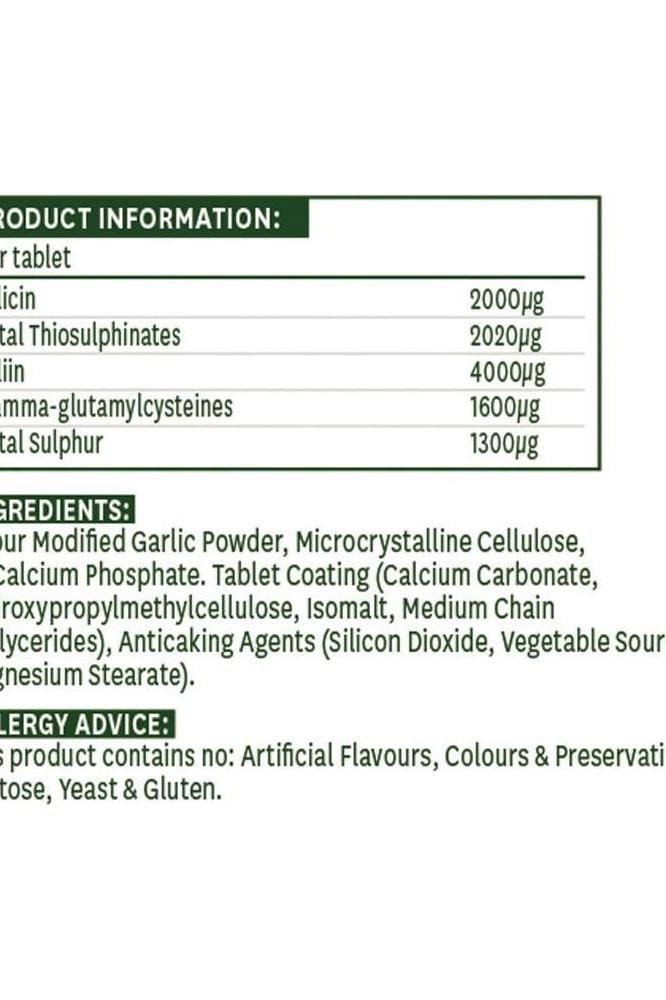 Natures Aid Concentrated Garlic 2000 mcg supplement ingredients and nutritional information panel.
