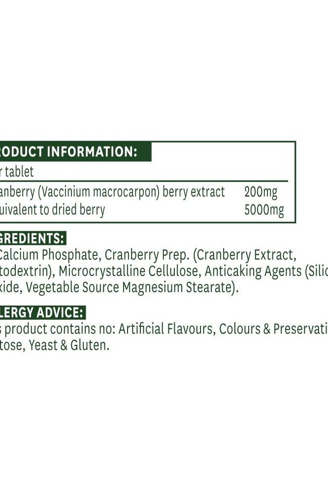 Product information for Natures Aid Cranberry tablets, including ingredients and dosage details.
