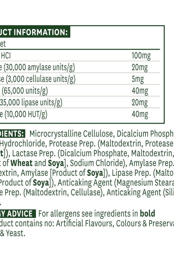 Natures Aid Digestive Enzyme Complex ingredient and nutritional information label.