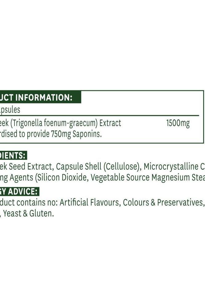 Product information for Natures Aid Fenugreek capsules, highlighting ingredients and saponin content.