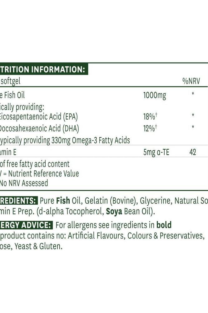 Nutrition information for Natures Aid Fish Oil 1000 mg softgels, highlighting EPA, DHA, and omega-3 fatty acids.
