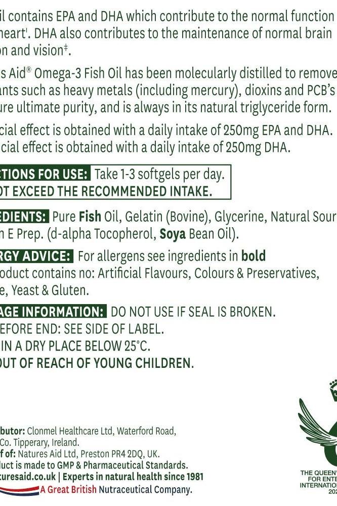 Natures Aid Fish Oil 1000mg softgel label detailing ingredients, benefits, usage, and information on EPA and DHA content.