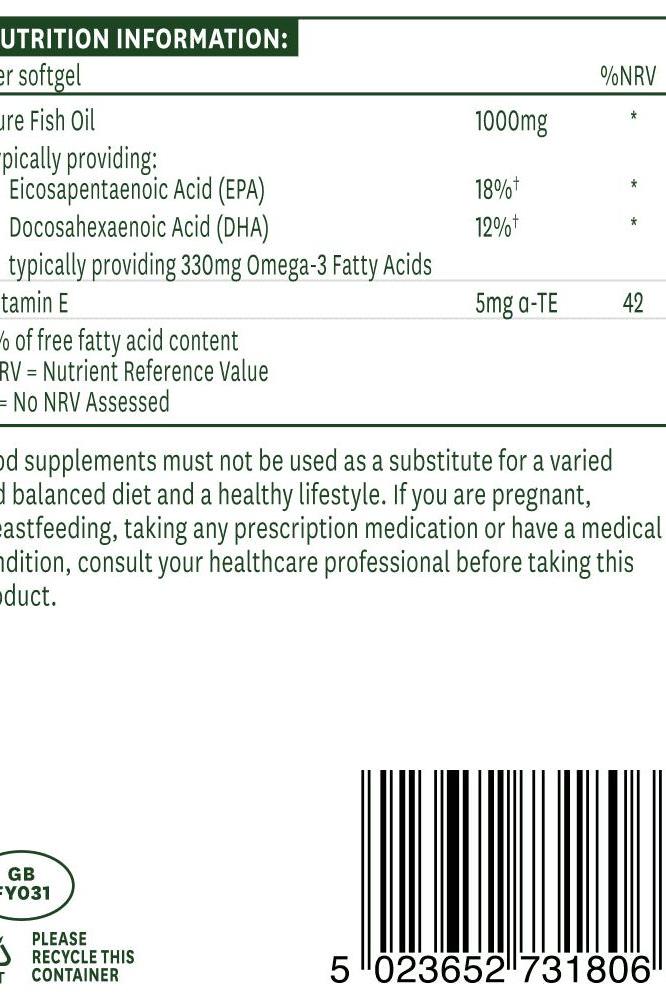 Nutrition information for Natures Aid Fish Oil 1000mg softgels including EPA, DHA, and vitamin E details.