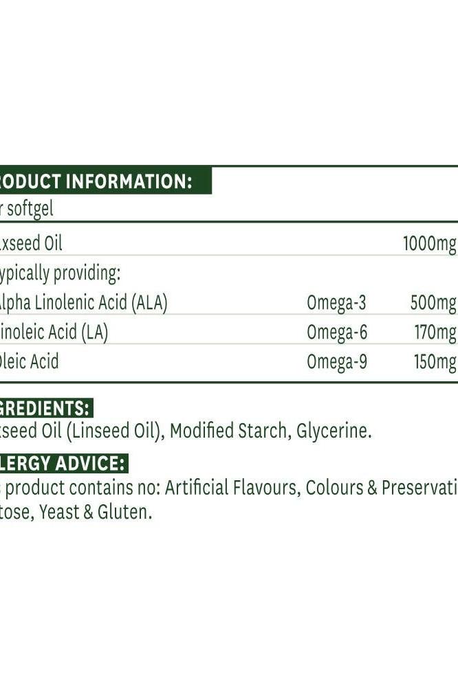 Supplement facts for Natures Aid Flaxseed Oil 1000 mg softgels, showing ingredients and nutrient content.