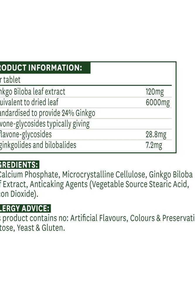 Natures Aid Ginkgo Biloba product label showing 120 mg dosage information and ingredients list.
