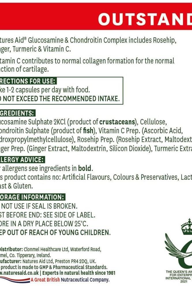Label of Natures Aid Glucosamine & Chondroitin Complex capsules detailing ingredients and usage directions.