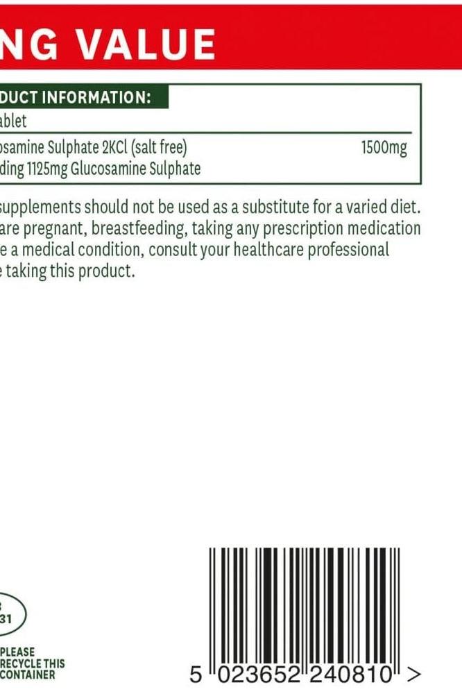 Nutrition label for Natures Aid Glucosamine Sulphate 1500mg tablets, highlighting ingredients and serving information.