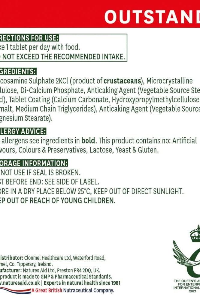 Product label for Natures Aid Glucosamine Sulphate 1500mg tablets, detailing usage, ingredients, and storage advice.