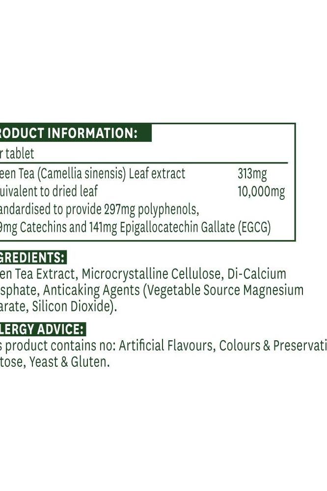 Product information for Natures Aid Green Tea 10,000mg tablets, including ingredients and health benefits.