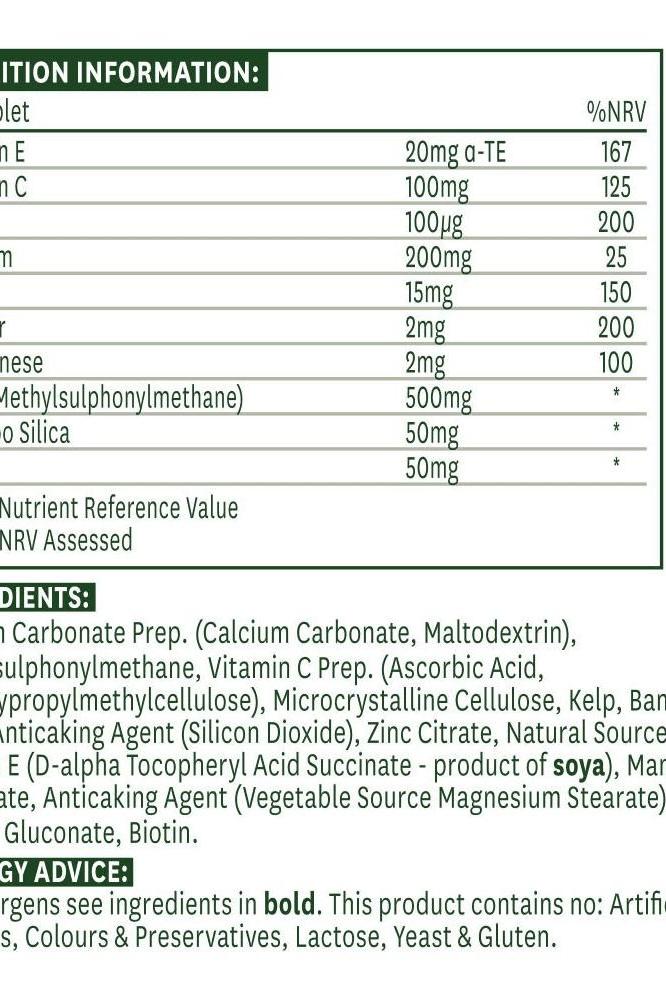 Nutrition information for Natures Aid Hair, Skin and Nails Formula tablets, including vitamins and minerals.