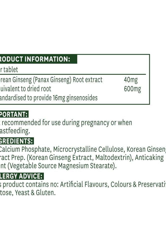 Product information label for Nature's Aid Korean Ginseng 90 tablets, detailing ingredients and usage recommendations.