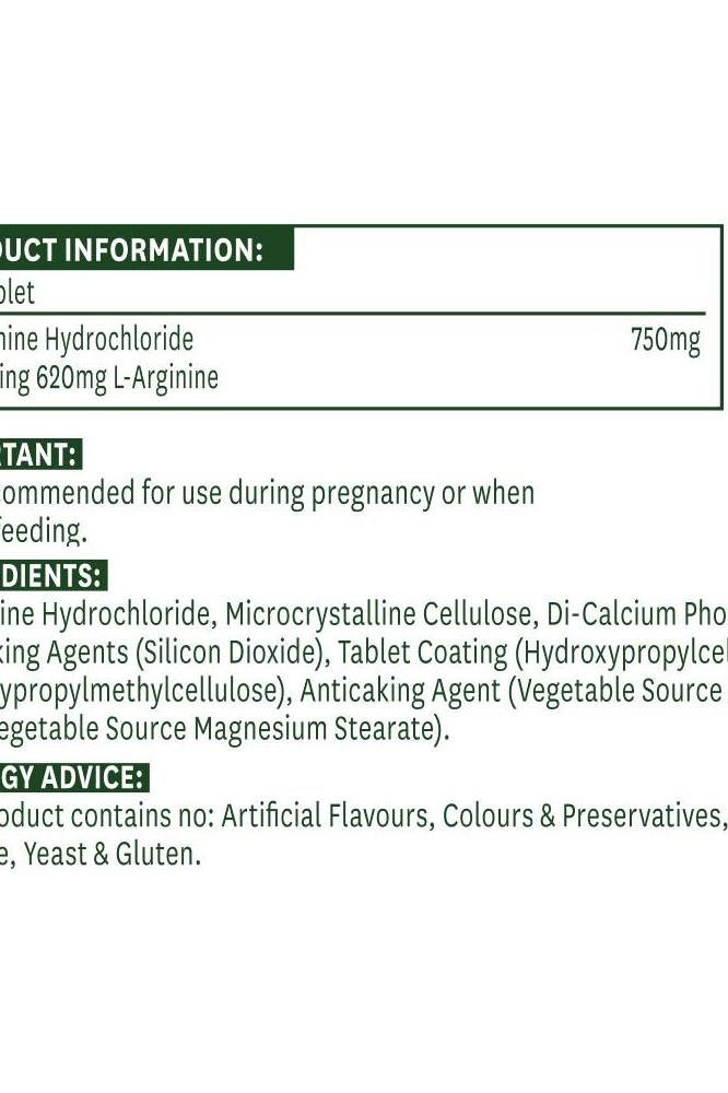 Product information label for Natures Aid L-Arginine HCl, detailing ingredients and usage advice.