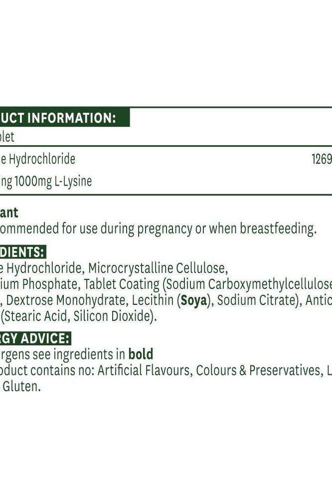 Product information for Natures Aid L-Lysine 1000 mg tablets, including ingredients and usage advice.