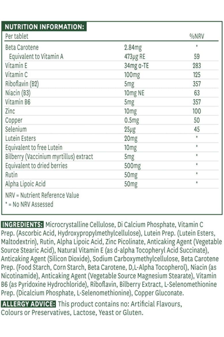 Nutrition facts and ingredients list for Natures Aid Lutein Eye Complex tablets, highlighting key nutrients.