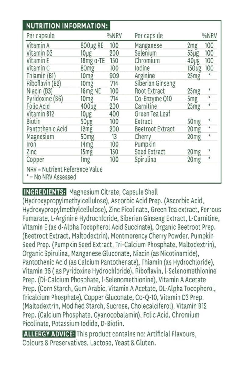 Nutrition information for Natures Aid Men's Multi-Vitamins & Minerals, highlighting vitamins and minerals per capsule.