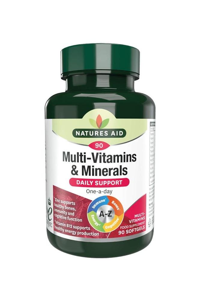 Natures Aid Multi-Vitamins & Minerals with Iron, 90 softgels for daily nutritional support.