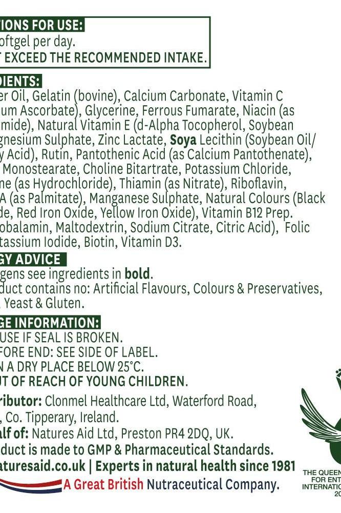 Natures Aid Multi-Vitamins & Minerals label with ingredients, usage instructions, and nutritional advice.